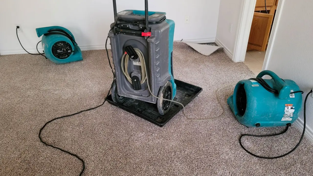 A dehumidifier and air movers drying carpet after a leak