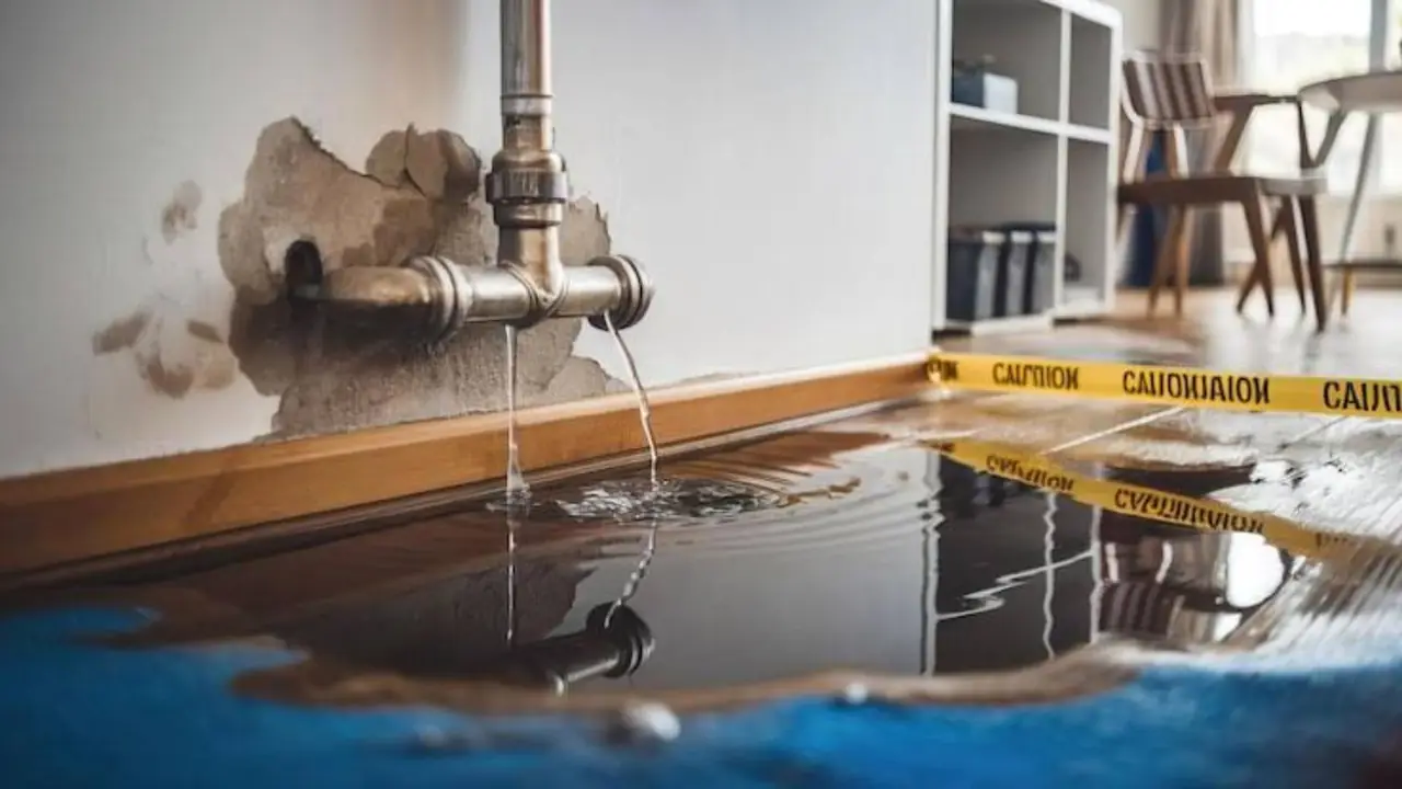 A burst pipe spraying water onto a floor marked off with caution tape