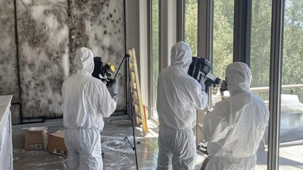 Inspectors in protective suits documenting mold on a wall with cameras