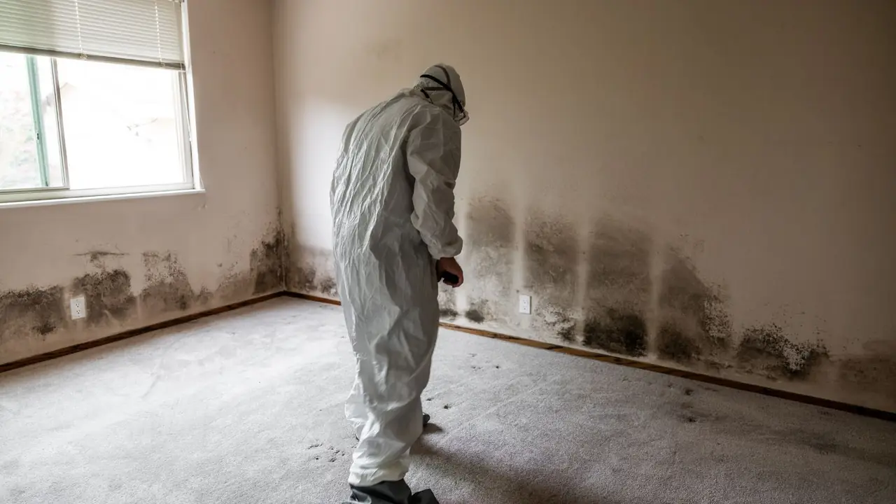 A technician in a protective suit inspecting mold along the walls of an empty room