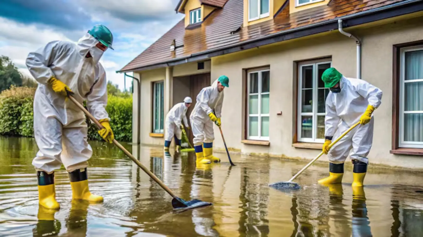 Crew members in protective suits and boots cleaning up water around a house